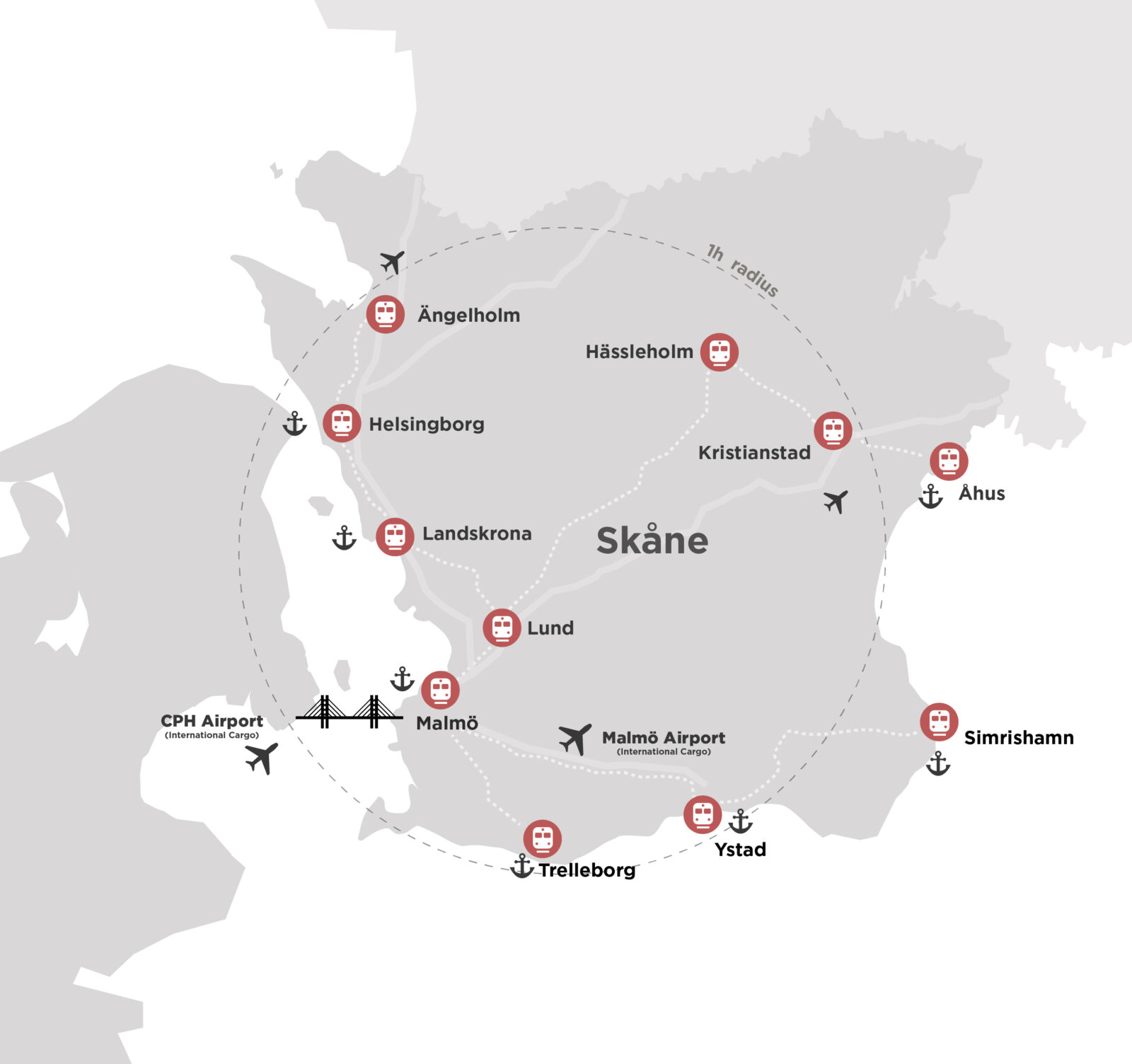 Graphical map over the region of Skåne.